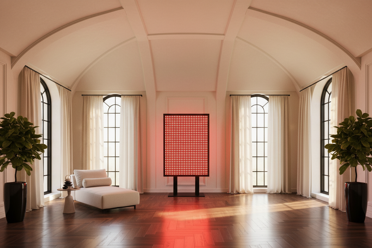 Generate a banner image suitable for a premium online store, but with natural lighting. Feature a photorealistic "Luxury" vibe of a modern architetural high end light and welcomign relaxing wellness room with a dark wood parwut flooring highe celiing and arched windows with balkcdetails and linens curtains and cream walls and a red light theraoy panel as the clear focus. The surrounding scene, mood, and setting should be designed entirely around the product — whether i