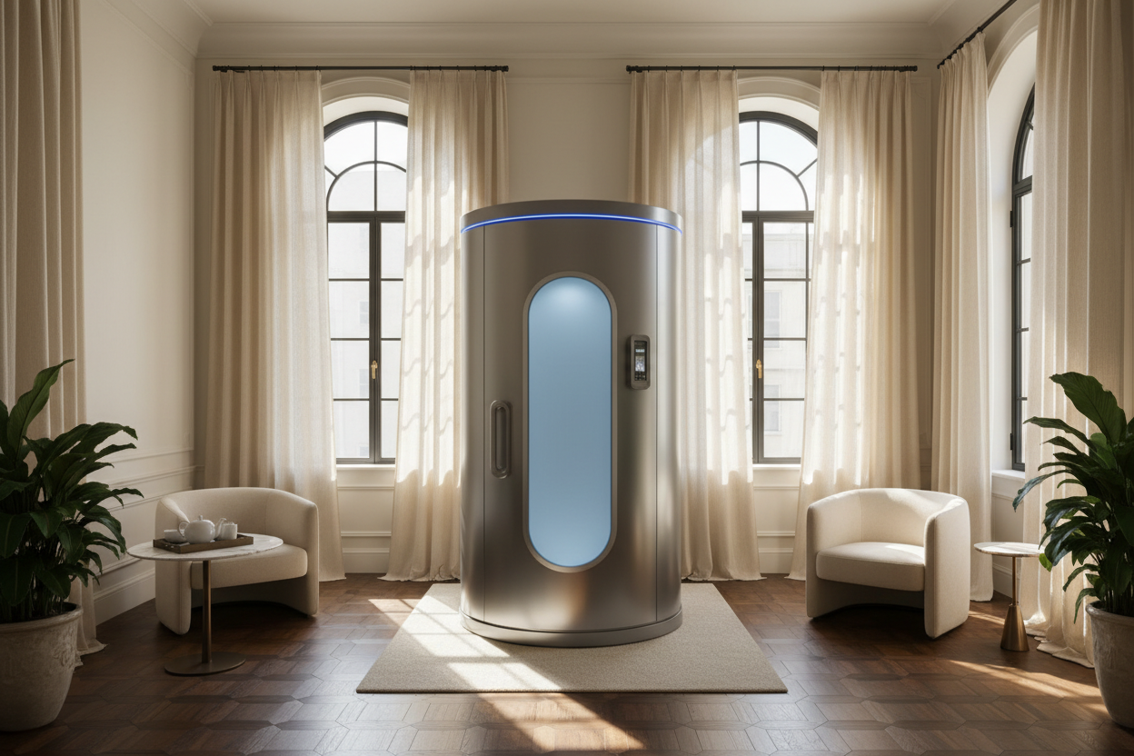 Generate a banner image suitable for a premium online store, but with natural lighting. Feature a photorealistic "Luxury" vibe of a modern architetural high end light and welcomign relaxing wellness room with a dark wood parwut flooring highe celiing and arched windows with balkcdetails and linens curtains and cream walls and a cryotherapy device as the clear focus. The surrounding scene, mood, and setting should be designed entirely around the product — whether i